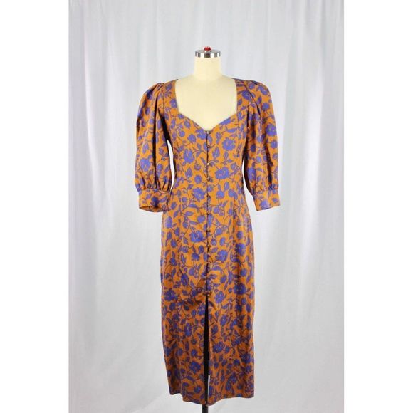 Zara Dresses & Skirts - ZARA Brown Blue Floral Cotton Poplin Puff Sleeve Midi Prairie Dress, Size M